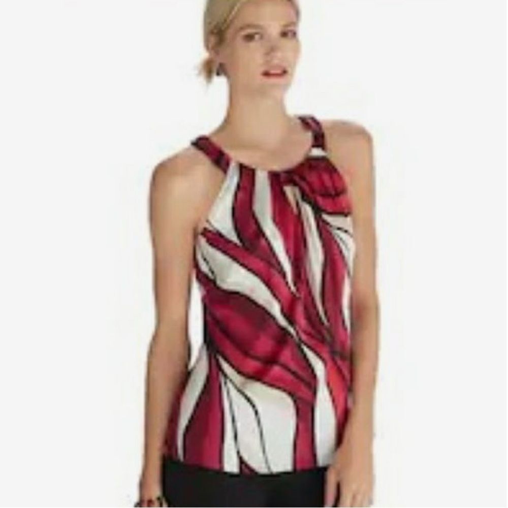 White House Black Market ivory and red abstract print silk stretch top size 8